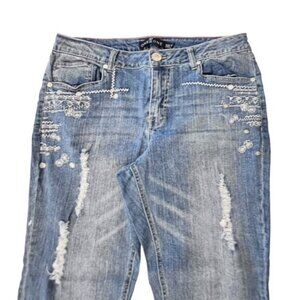 ONE 5 ONE 151 EMBROIDERED JEANS DISTRESSED BLUE‎ DENIM STRAIGHT LEG SZ 10 BOHO